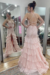 Fabulous Pink Mermaid Sweetheart Halter Spaghetti Strap Sleeveless Lace Long Tulle Split Front Prom Dresses